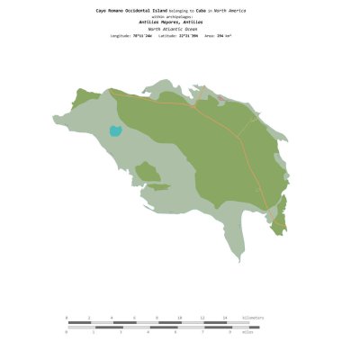 Küba 'ya ait Kuzey Atlantik Okyanusu' ndaki Cayo Romano Occidental Adası, uzaklık ölçeğine sahip bir OSM İnsani Yardım Stili haritası üzerinde izole edilmiştir.