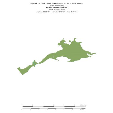 Kuzey Atlantik Okyanusu 'ndaki Cayos de las Cinco Leguas Adası, Küba' ya ait, bir topoğrafik, OSM İnsani Yardım Stili haritasında izole edilmiş, uzaklık ölçeğinde