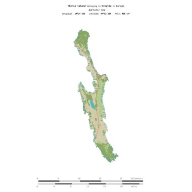 Hırvatistan 'a ait Adriyatik Denizi' ndeki Cherso Adası, uzaklık ölçeğine sahip bir topoğrafik OSM İnsani Yardım Stili haritasında izole edilmiş durumda