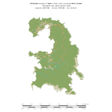 Filipin Denizi 'nde Chichijima, Japonya' ya ait, bir topoğrafik, OSM İnsani stilde izole edilmiş, uzaklık ölçeğinde
