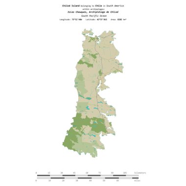Şili 'ye ait olan Güney Pasifik Okyanusu' ndaki Chiloe Adası, bir topoğrafi, OSM İnsani-stil haritasında, uzaklık ölçeğinde izole edilmiştir.
