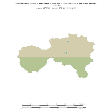Birleşik Devletlere ait Bering Denizi 'ndeki Chuginadak Adası, uzaklık ölçeğine sahip bir topoğrafik OSM İnsani Stil Haritası üzerinde izole edilmiştir.