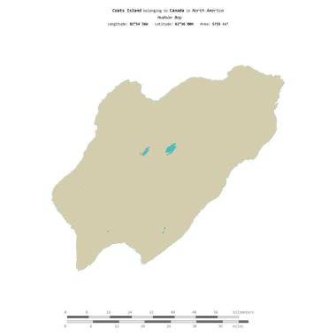 Kanada 'ya ait Hudson Körfezi' ndeki Coats Adası, uzaklık ölçeğinde OSM İnsani Yardım Stili haritasında izole edilmiştir.