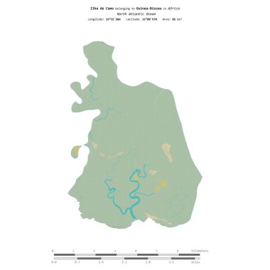Kuzey Atlantik Okyanusu 'ndaki Ilha de Como, Gine-Bissau' ya ait, bir topoğrafik üzerinde izole edilmiş, OSM İnsani stilde bir harita, mesafe ölçeğinde.