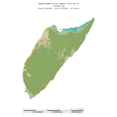 Karayip Denizi 'ndeki Cozumel Adası, Meksika' ya ait, bir topoğrafi, OSM İnsani-stil haritasında izole edilmiş, uzaklık ölçeğinde