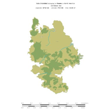 Panama 'ya ait Karayip Denizi' ndeki Cristobal Adası, bir topoğrafik, OSM İnsani Yardım Stili haritasında, uzaklık ölçeğinde izole edilmiştir.