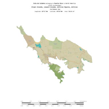 Karayip Denizi 'ndeki Isla de Culebra, Porto Riko' ya ait, uzaklık ölçeğinde OSM İnsani Yardım Stili haritasında izole edilmiş.