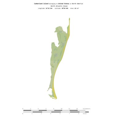 Amerika Birleşik Devletleri 'ne ait Kuzey Atlantik Okyanusu' ndaki Cumberland Adası, bir topoğrafi, OSM İnsani-stil haritasında, uzaklık ölçeğinde izole edilmiştir.