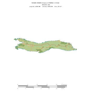 Hırvatistan 'a ait Adriyatik Denizi' ndeki Curzola Adası, uzaklık ölçeğine sahip bir topoğrafik OSM İnsani Yardım Stili haritasında izole edilmiş durumda