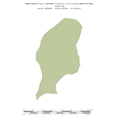 Avustralya 'ya ait Arafura Denizi' ndeki Denham Adası, uzaklık ölçeğine sahip bir topoğrafik OSM İnsani Stil Haritası üzerinde izole edilmiştir.