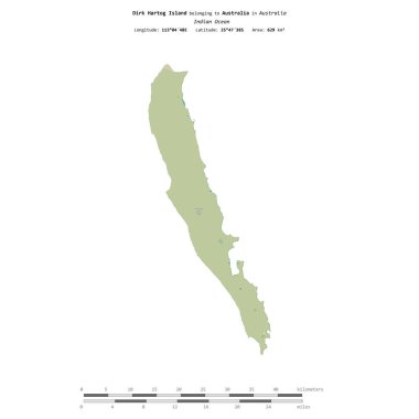Avustralya 'ya ait Hint Okyanusu' ndaki Dirk Hartog Adası, uzaklık ölçeğine sahip bir topoğrafik OSM İnsani-stil haritasında izole edilmiştir.