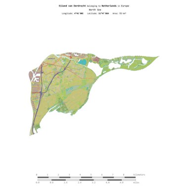 Hollanda 'ya ait Kuzey Denizi' ndeki Eiland van Dordrecht, uzaklık ölçeğinde, OSM İnsani Yardım Stili haritasında izole edilmiştir.