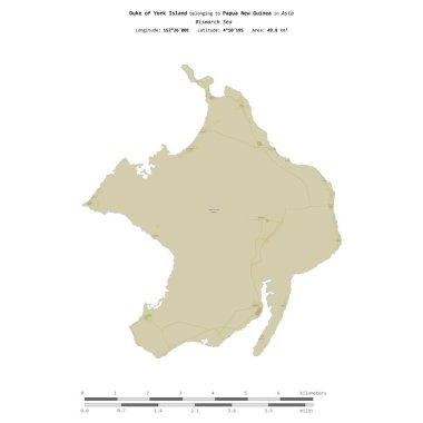 Duke of York Island in the Bismarck Sea, belonging to Papua New Guinea, isolated on a topographic, OSM Humanitarian style map, with distance scale clipart