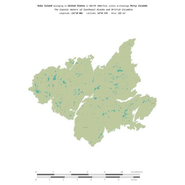 Güneydoğu Alaska ve British Columbia 'nın sahil sularında bulunan Duke Adası, uzaklık ölçeğinde OSM İnsani Yardım Haritası' na izole edilmiş.