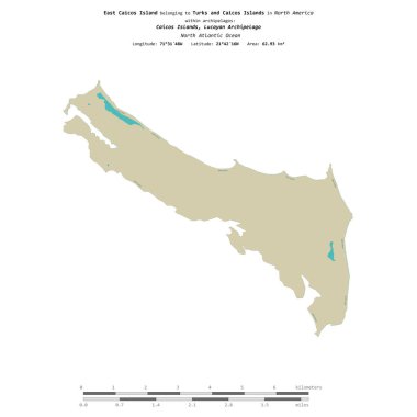 Kuzey Atlantik Okyanusu 'ndaki, Türk ve Caicos Adalarına ait Doğu Caicos Adası, uzaklık ölçeğine sahip OSM İnsani Yardım Stili haritası üzerinde izole edilmiştir.