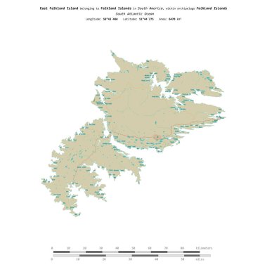 East Falkland Island in the South Atlantic Ocean, belonging to Falkland Islands, isolated on a topographic, OSM Humanitarian style map, with distance scale clipart