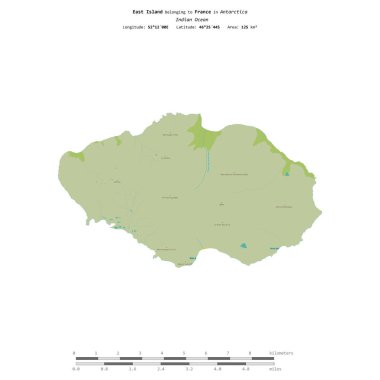 Hint Okyanusu 'nda bulunan ve Fransa' ya ait olan Doğu Adası, uzaklık ölçeğinde OSM İnsani Yardım Haritası üzerinde izole edilmiştir.