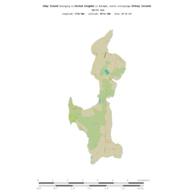 Kuzey Denizi 'ndeki Eday Adası, Birleşik Krallık' a ait, uzaklık ölçeğinde bir topoğrafik, OSM İnsani Stil Haritası üzerinde izole edilmiştir.