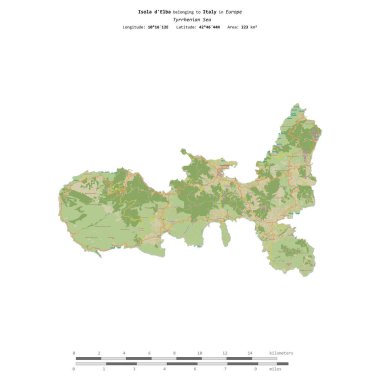 İtalya 'ya ait Tyrrhenian Denizi' nde İsola d 'Elba, bir topoğrafi, OSM İnsani Yardım Stili haritasında, uzaklık ölçeğinde izole edilmiştir.