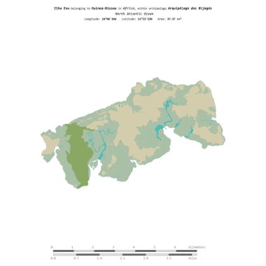 Kuzey Atlantik Okyanusu 'ndaki Ilha Enu, Gine-Bissau' ya ait, bir topoğrafik üzerinde izole edilmiş, OSM İnsani-stil haritası, uzaklık ölçeğinde