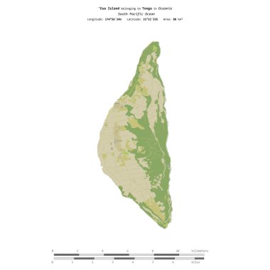 Güney Pasifik Okyanusu 'ndaki Eua Adası, Tonga' ya ait, bir topoğrafik, OSM İnsani-stil haritasında izole edilmiş, uzaklık ölçeğinde