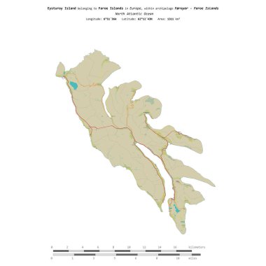 Faroe Adaları 'na ait Kuzey Atlantik Okyanusu' ndaki Eysturoy Adası, uzaklık ölçeğinde, OSM İnsani Yardım Stili haritasında izole edilmiştir.