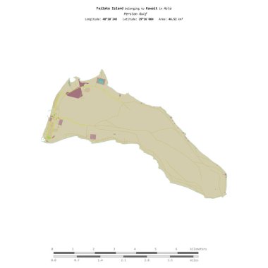 Basra Körfezi 'ndeki Failaka Adası, Kuveyt' e ait, bir topoğrafik, OSM İnsani-stil haritasında izole edilmiş, uzaklık ölçeğinde