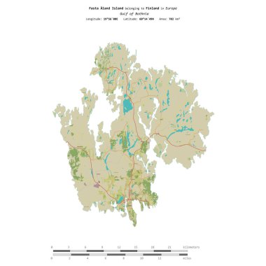 Finlandiya 'ya ait Bothnia Körfezi' ndeki Fasta Aland Adası, uzaklık ölçeğinde OSM İnsani Yardım Stili haritasında izole edilmiştir.