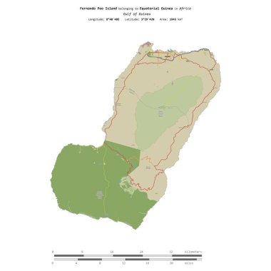 Fernando Poo Island in the Gulf of Guinea, belonging to Equatorial Guinea, isolated on a topographic, OSM Humanitarian style map, with distance scale clipart