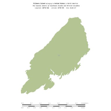 Amerika Birleşik Devletleri 'ne ait Güneydoğu Alaska ve British Columbia' nın Sahil Suları 'ndaki Fillmore Adası, uzaklık ölçeğine sahip bir topoğrafi, OSM İnsani Yardım Stili haritasında izole edilmiştir.