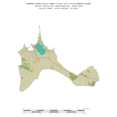 İspanya 'ya ait Balearic' teki Formentera Adası (İber Denizi), uzaklık ölçeğinde OSM İnsani Yardım Stili haritası üzerinde izole edilmiştir.