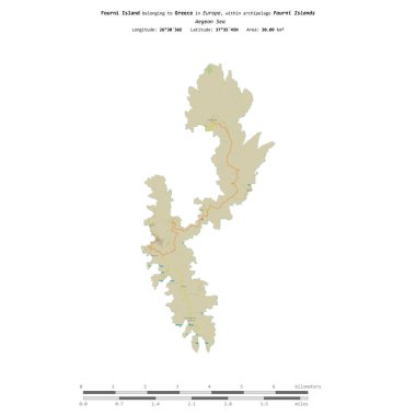 Yunanistan 'a ait Ege Denizi' ndeki Fourni Adası, uzaklık ölçeğine sahip bir topoğrafik OSM İnsani Stil Haritası üzerinde izole edilmiştir.