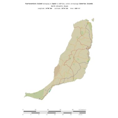 İspanya 'ya ait Kuzey Atlantik Okyanusu' ndaki Fuerteventura Adası, uzaklık ölçeğine sahip bir topoğrafik OSM İnsani Stil Haritası üzerinde izole edilmiştir.