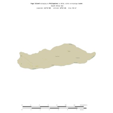 Filipinler 'e ait olan Güney Çin Denizi' ndeki Fuga Adası, uzaklık ölçeğine sahip bir topoğrafik OSM İnsani Stil Haritası üzerinde izole edilmiştir.