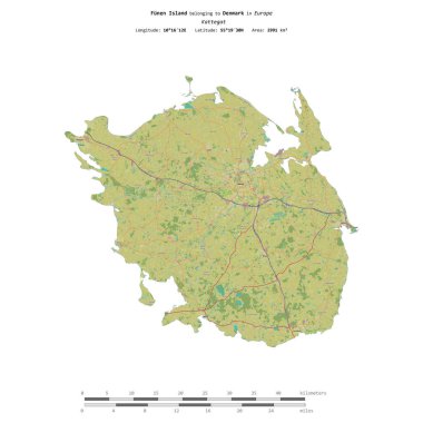 Funen Island in the Kattegat, belonging to Denmark, isolated on a topographic, OSM Humanitarian style map, with distance scale clipart