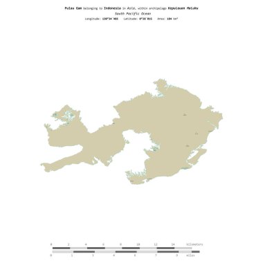 Güney Pasifik Okyanusu 'ndaki Pulau Gam, Endonezya' ya ait, bir topoğrafya üzerinde izole edilmiş, OSM İnsani-stil haritası, uzaklık ölçeğinde