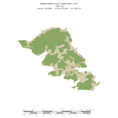 Güney Kore 'ye ait olan Japonya Denizi' ndeki Geumodo Adası, uzaklık ölçeğine sahip bir topoğrafik OSM İnsani Stil Haritası üzerinde izole edilmiştir.