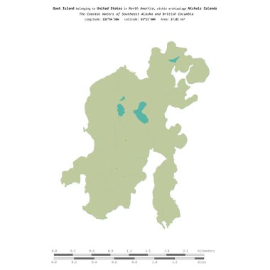 Goat Island in the The Coastal Waters of Southeast Alaska and British Columbia, belonging to United States, isolated on a topographic, OSM Humanitarian style map, with distance scale clipart