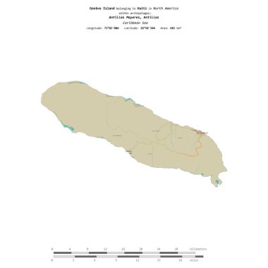 Karayip Denizi 'ndeki Gonave Adası, Haiti' ye ait, bir topoğrafik, OSM İnsani-stil haritasında izole edilmiş, uzaklık ölçeğinde