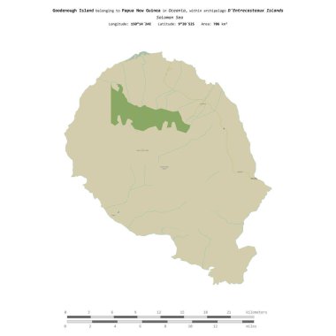 Goodenough Island in the Solomon Sea, belonging to Papua New Guinea, isolated on a topographic, OSM Humanitarian style map, with distance scale clipart