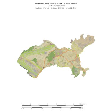 Brezilya 'ya ait Güney Atlantik Okyanusu' ndaki Governador Adası, uzaklık ölçeğine sahip bir topoğrafik OSM İnsani Stil Haritası üzerinde izole edilmiştir.