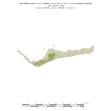 Bahamalar 'a ait Kuzey Atlantik Okyanusu' ndaki Büyük Bahama Adası, bir topoğrafya üzerinde izole edilmiş, OSM İnsani yardım tarzı haritası, uzaklık ölçeğinde