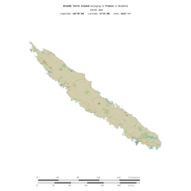 Fransa 'ya ait Mercan Denizi' ndeki Grande Terre Adası, bir topoğrafik, OSM İnsani Yardım Stili haritasında, uzaklık ölçeğinde izole edilmiştir.