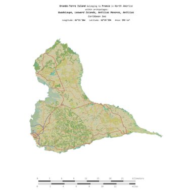 Karayip Denizi 'ndeki Büyük Terre Adası, Fransa' ya ait, bir topoğrafik üzerinde izole edilmiş, OSM İnsani Yardım Stili haritası, mesafe ölçeğinde