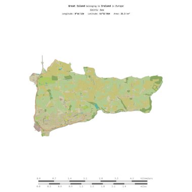 İrlanda 'ya ait olan Kelt Denizi' ndeki Büyük Ada, uzaklık ölçeğinde OSM İnsani Yardım Stili haritasında izole edilmiştir.