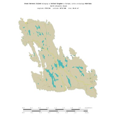 Great Bernera Island in the North Atlantic Ocean, belonging to United Kingdom, isolated on a topographic, OSM Humanitarian style map, with distance scale clipart