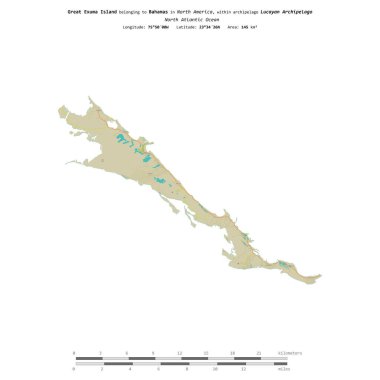 Bahamalar 'a ait Kuzey Atlantik Okyanusu' ndaki Büyük Exuma Adası, bir topoğrafi haritada izole edilmiş, OSM İnsani yardım tarzı haritası, mesafe ölçeğinde