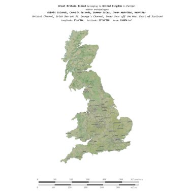 Birleşik Krallık 'a ait Kuzey Denizi' ndeki Büyük Britanya Adası, uzaklık ölçeğine sahip bir topoğrafik, OSM İnsani Yardım Stili haritası üzerinde izole edilmiştir.