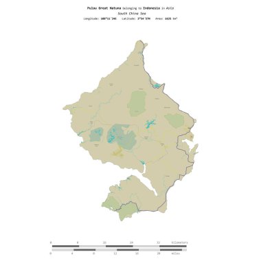 Güney Çin Denizi 'ndeki Pulau Büyük Natuna, Endonezya' ya ait, bir topoğrafya üzerinde izole edilmiş, OSM İnsani yardım tarzı haritası, uzaklık ölçeğinde