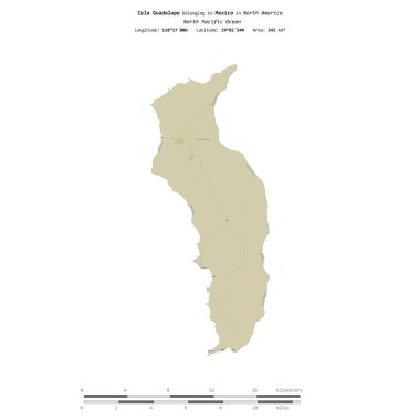 Meksika 'ya ait Kuzey Pasifik Okyanusu' ndaki Guadalupe Adası, bir topoğrafik üzerinde izole edilmiş, OSM İnsani-stil haritası, mesafe ölçeğinde.